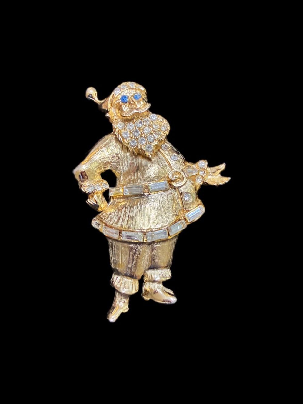 Vintage EUC Santa Claus Brooch @2” Gold tone w/ Rhone-stone Accents.
